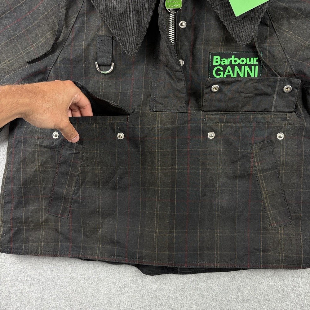 Barbour x Ganni Jacket Womens 8 Black Tartan Waxed Hooded Smock Anorak NWT - Picture 5 of 14